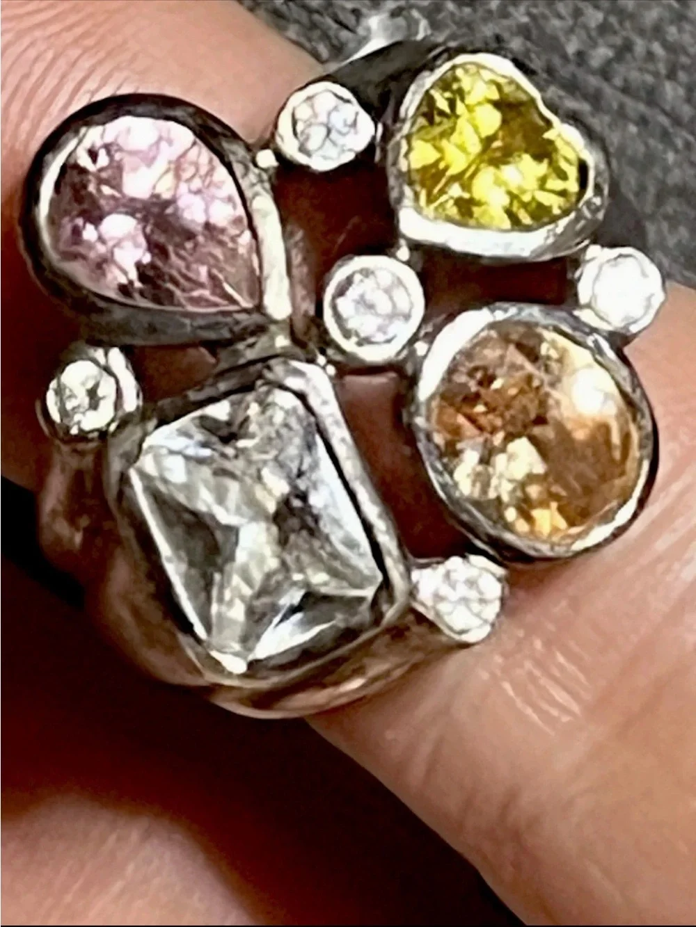 Chunky Multi-Gem Sterling Statement Ring - Yellow, Pink, Champagne & Clear CZ